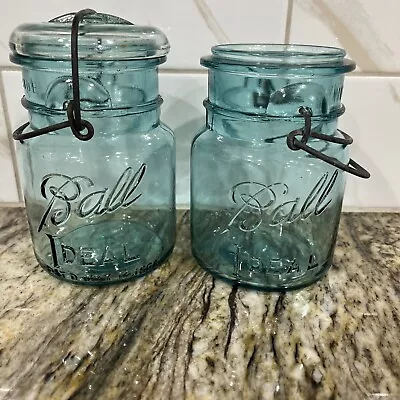 Vintage 2 Blue Ball Pint Mason Jars Only One Lid & Wire Bales #7 And # 9 • $20