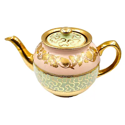 Sadler Earthenware Enameled Gold Teapot 1558 Green Pink 6 Cup England Vintage • $195