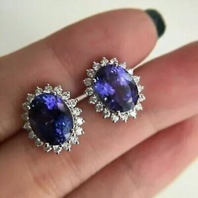 5Ct Oval Cut Tanzanite Push Back Halo Stud Earrings Solid 14K White Gold Finish • $35.42