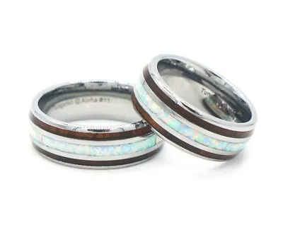 8mm Men's Tungsten White Opal DoubleHawaiian Koa Wood  Wedding Band Ring Comfort • $32.99