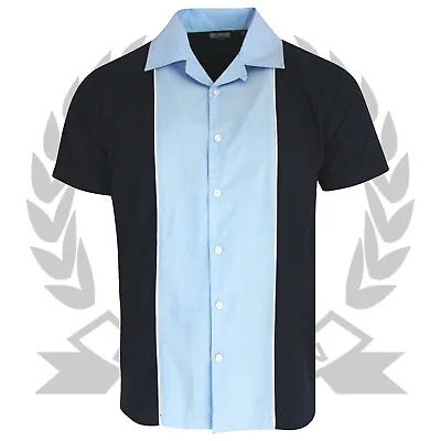 £32.99 • Buy Relco Bowling Shirt Short Sleeve In Navy Sky Blue Vintage Rockabilly Retro 50s
