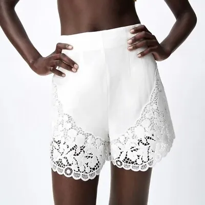 ZARA White Guipure Lace High Waisted Waist Shorts Scalloped Linen X-Large • $44.94