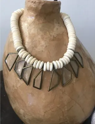 Vintage Statement Necklace African Disc Bone Bead Glass Pendants Cream Boho • $33