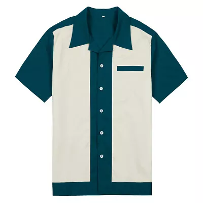 Mens Short Sleeve Rockabilly Bowling Shirt  Dress Shirt Vintage Retro Design • $26.39