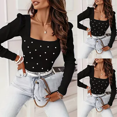 Women Pearls Ribbed Sexy Tops Ladies Slim Puff Long Sleeve Party Shirts Blouse • £12.99