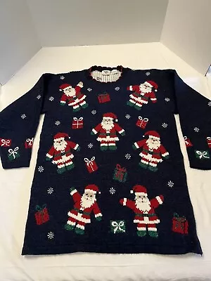 Vintage 90s Christmas Sweater Womens Med Blue With Santa & Presents Graphic • $24