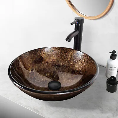 Bathroom Basin Tempered Glass Vanity Sink Clockroom Countertop Wash Bowl W/ Tap • £67.99