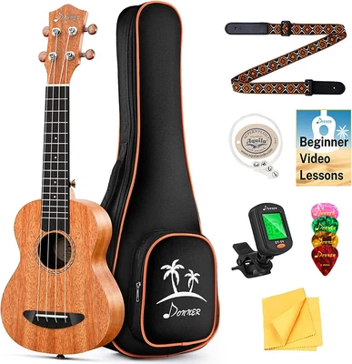 $70 • Buy 🎸 𝗗𝗢𝗡𝗡𝗘𝗥 21 Inch Soprano Ukulele Beginner Bundle Kit Mahogany Ukelele Set