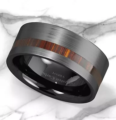 VBFOT Black Brushed Tungsten Carbide Ring Off Center Koa Wood Men Wedding Ring • $11.89