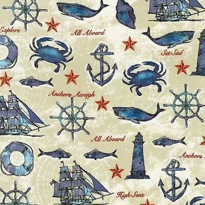 Fabric Nautical Harbor On Sand Cotton KAUFMAN 1/4 Yard 153 SAND • $1.99