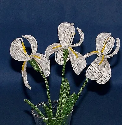 Vintage French Glass Beaded White Iris 0/3 Flower Bouquet • $27.99