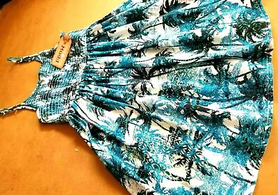 Mudd Size 8 Smocked/spaghetti Straps Teal Blue Tropical Dress • $16.95