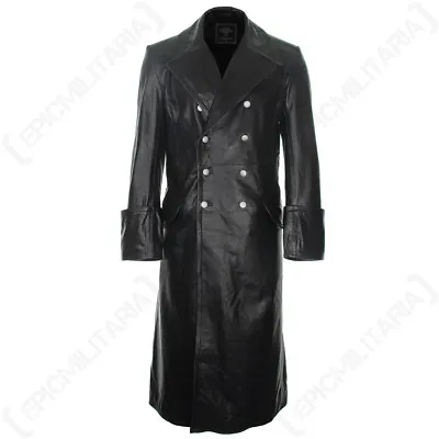 German Officer Leather Great Coat - WW2 Repro Black Leather Lined Overcoat • £299.95