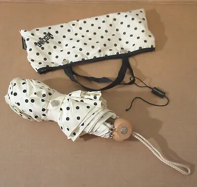 Vtg Moschino Italy Wood Handle Retractable Umbrella Storage Bag Polka Dots Cream • $119