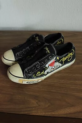 ED HARDY  Patent Canvas Laceless Slip On Sneaker Shoes US 7 Skull Rose Black • $35