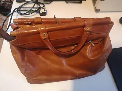 TAN/ LIGHT BROWN LEATHER TOP ROD HOLDALL / DUFFLE / CABIN BAG Vintage Retro • £25