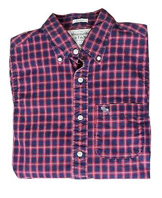 Abercrombie & Fitch Red Blue And White PLAID Button Down Mens Shirt MOOSE LOGO M • $24.99