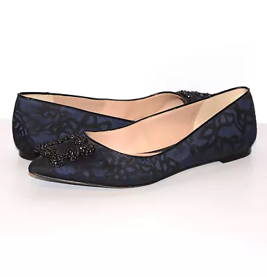 KARL LAGERFELD Paris Nara 2 Blue Black Pointed Toe Brooch Textile Flats Size 8.5 • $59.95