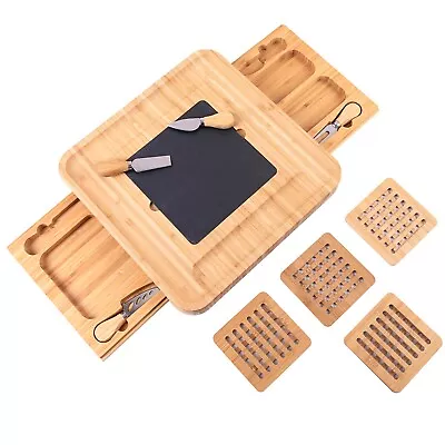 Bamboo Cheese Board Knife Set Wooden Serving Platter Tray Gift Charcuterie Draw • £17.99