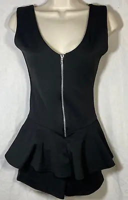 Nikka Playsuit Black Sleeveless Size 8 Peplum Rompa Zip Front Short Stretchy • £7.27