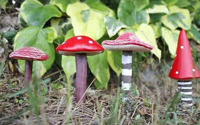 £10.99 • Buy 4 Garden Mushrooms Ornaments Miniature Set Resin Decorative Figurines Red Gift