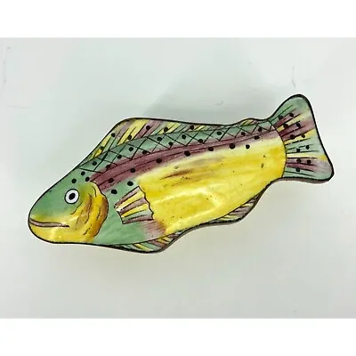 Vintage Enamel Trinket Box Fish Yellow Green Collectible • $19