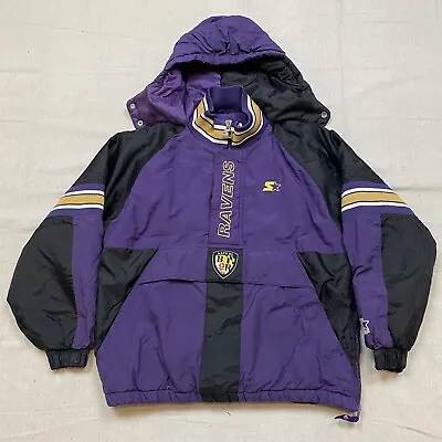 Vintage 90s Starter Baltimore Ravens Pullover Half Zip Puffer Jacket Youth L NFL • $160