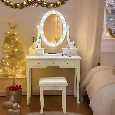 Vanity Makeup Dressing Table Set W/Stool 4 Drawer & Led Mirror Wood Desk White • $119.99