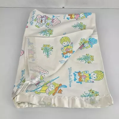 Vtg Babycare Nursery Rhymes White Satin Trim Cotton Baby Crib Blanket USA Made • $39.99