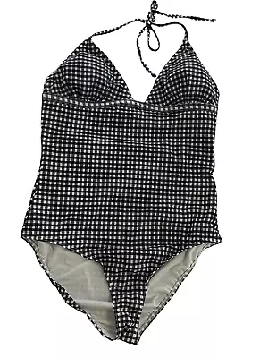 J. Crew Halter Blue Gingham One Piece Swimsuit Bathing Suit Navy 14 Long Torso • $28.93