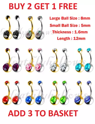 £1.99 • Buy Belly Bar Surgical Steel Double Crystal Gem Navel Bar Button Ring Belly Bars