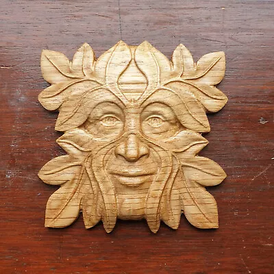 £24.99 • Buy Green Man Solid Oak Wood Carved Furniture Decor Onlay Applique