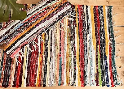 Small Dari Rag Rug 100% Recycled Multi Coloured Fabrics Handmade Floor Boho Chic • £14.99