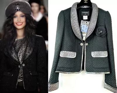 $1219 • Buy 5K Chanel 2006 Vintage Black Silver Glitter Chain Jacket 36 38 40 4 6 8 Top S M