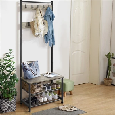 $48.99 • Buy 3-in-1 Industrial Coat Rack Shoe Bench Hall Tree With 2-Tier Shoe Storage Shelve