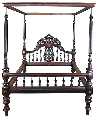 Antique Anglo Indian Colonial Raj Mahogany Carved Officers 4 Poster Tester Bed • $19975