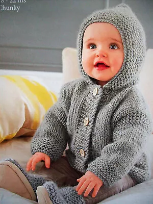 Baby Boys Hooded Jacket Cardigan Booties KNITTING PATTERN Chunky 18 - 22   040 • £2.15