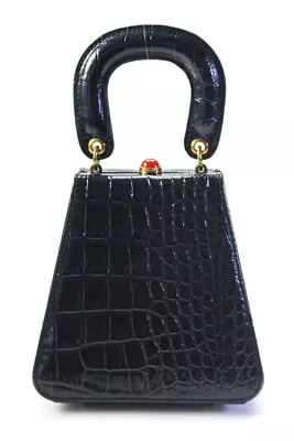 Staud Womens Kenny Small Croc Embossed Leather Top Handle Tote Handbag Black • $79.99