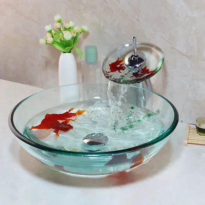 £148 • Buy Bathroom Hand Painting Gold Fish Glass Basin Vanity Vessel Sink Bowl Tap +Drain
