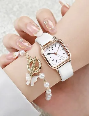 Watch And Bracelet Set Ladies Women Girls Fashion Leather Strap Wristwatch Gift • £8