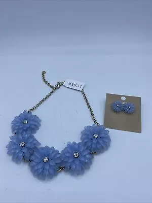 J Crew Light Blue Flower Rhinestone Statement Necklace & Earrings To Match NWT • $23.24