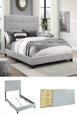 Twin Size Platform Bed Frame Upholstered Headboard Tufted Beds Wood Frame Gray • $110.45