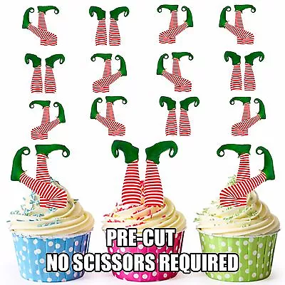 PRE-CUT Elf Elves Legs Edible Christmas Cupcake Toppers Decorations (pack Of 12) • £3.99