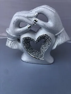 Silver Heart In 2 Hands Sparkle Bling Ornament Crushed Diamond Design • £14.99