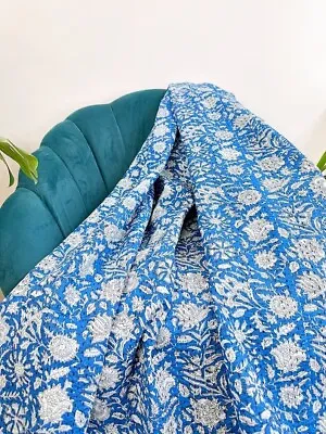 Indian Blue Floral Printed Kantha Quilt Twin Cotton Blanket Vintage Bedspread US • $41.40