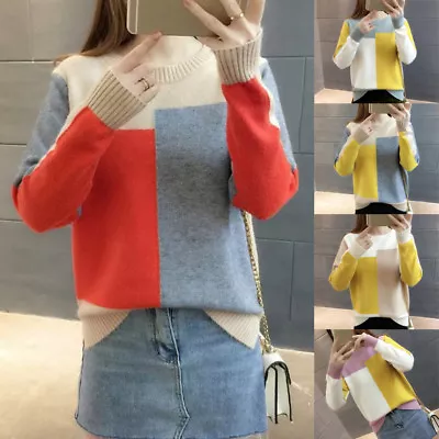 Korean Women Color Block Sweater Jumper Loose WarmTops Blouse Autumn Winter ATAU • $16.81