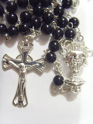 Vintage Catholic Holy Chalice 16 Inch Religious Rosary Black Beads 53037 • $39.99