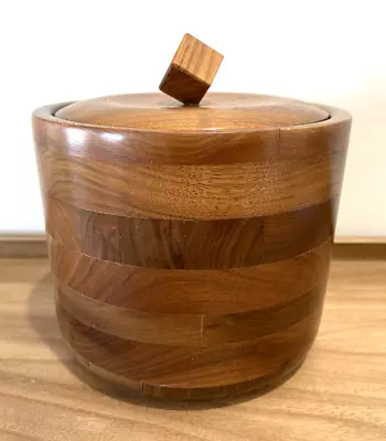 Vintage MCM Solid American Walnut Inlaid Wood Ice Bucket With Lid & Glass Liner • $24.95