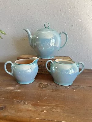 Vintage Blue Opal Peach LusterWare Teapot Sugar Bowl  Creamer Japan Tea Set • $27.99
