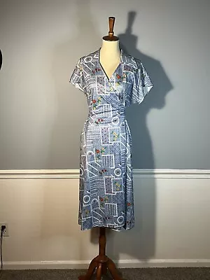 Vintage 70s Handmade Polyester Faux Denim Patchwork Wrap Dress Small • $29